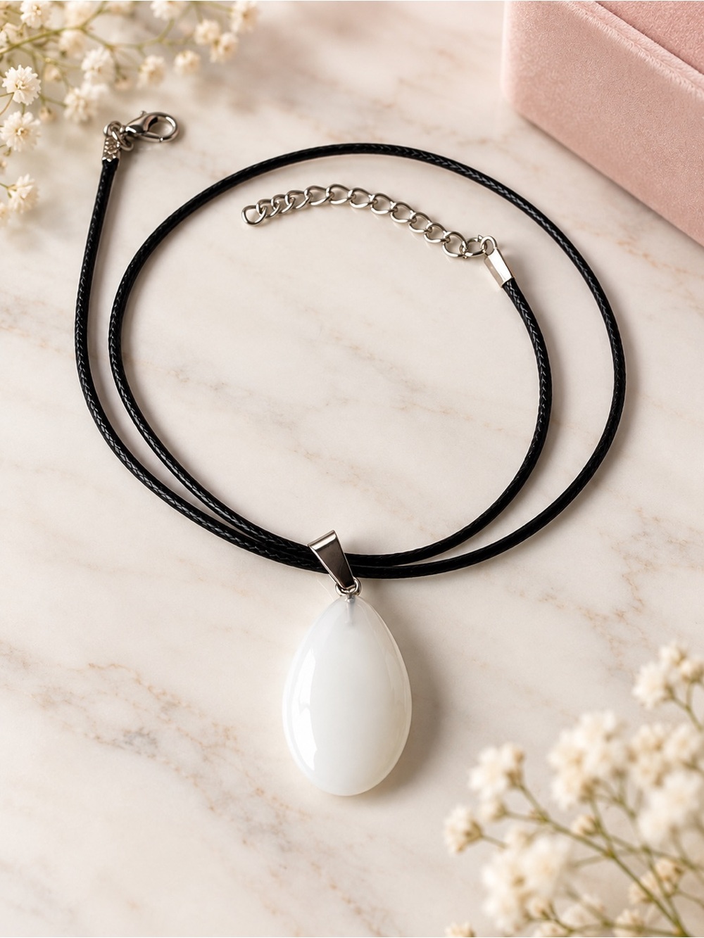 White Teardrop Pendant Necklace on Black Cord